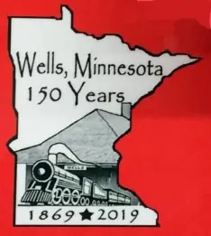 Minnesota-shaped Wells 150 Years design with a steam locomotive and the dates 1869 to 2019.