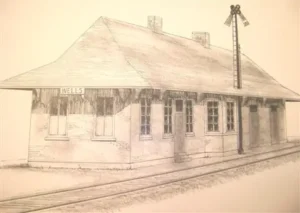 Sepia drawing of the Wells depot beside railroad tracks and a signal tower.