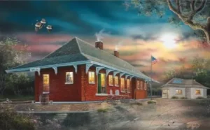 Color artwork of the red brick Wells depot beneath a glowing evening sky.