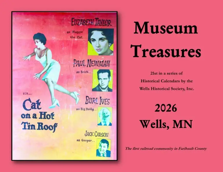 Pink 2026 Museum Treasures calendar cover featuring a Cat on a Hot Tin Roof movie poster.